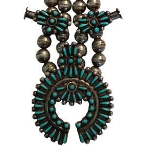Vintage Squash Blossom Native American Zuni Petit Point Silver Turquoise Neck